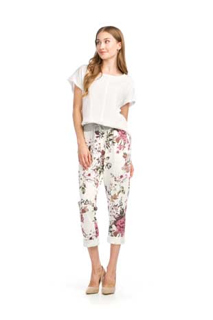PP-16824 - FLORAL STRETCH COTTON BLEND PANTS WITH ELASTIC WAISTBAND - Colors: AS SHOWN - Available Sizes:XS-XXL - Catalog Page:10 